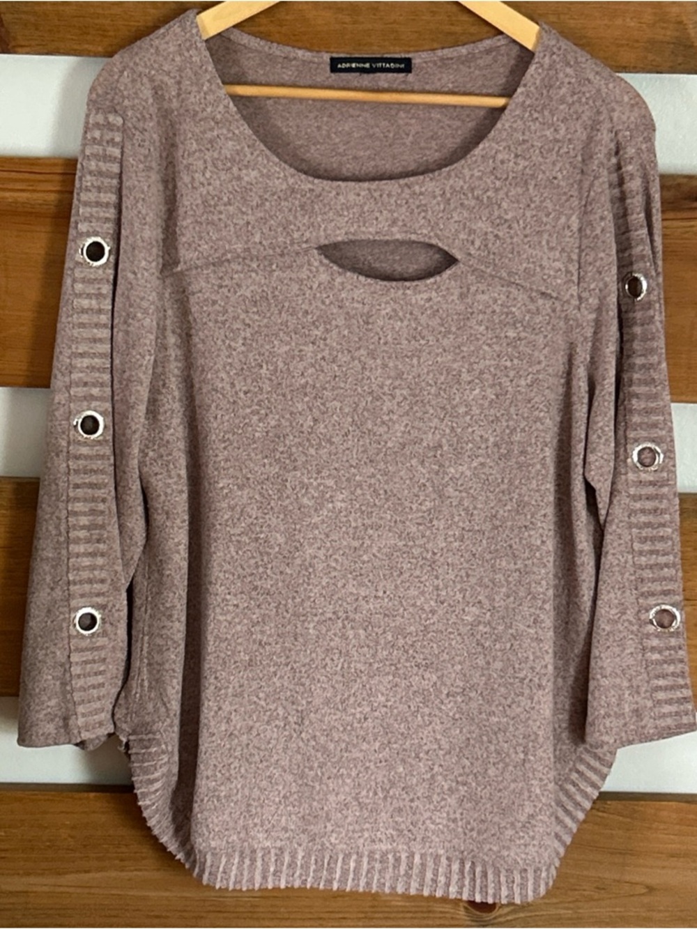 Adrienne Vittadini Pink & Gray Marled Jeweled Button Sweater Open Accents Size L
